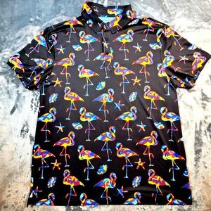 Birdie Bound Mens L Golf Polo Shirt Stretch Performance Black Flamingos